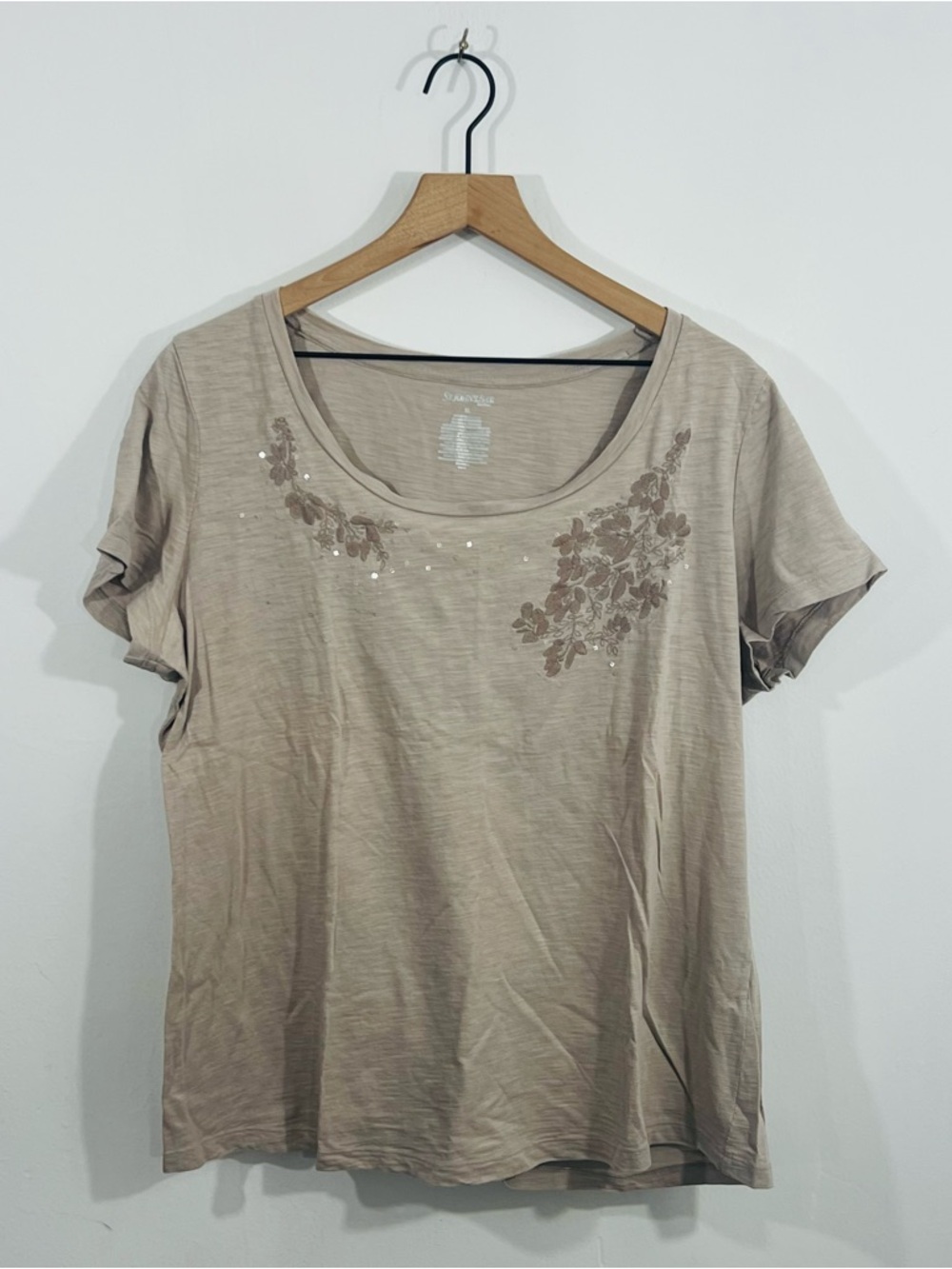 St. Johns Bay Floral Embroirdery Short Sleeve Beige Casual Everyday Wear Cotton